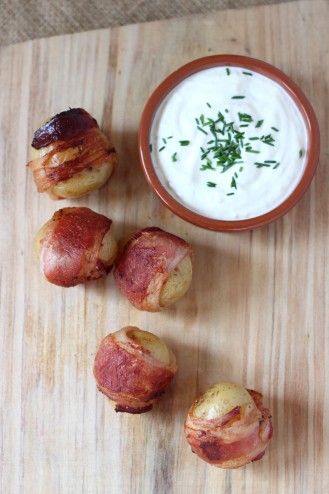 Bacon Wrapped Baby Yukon Potatoes with Horseradish & Garlic Aioli